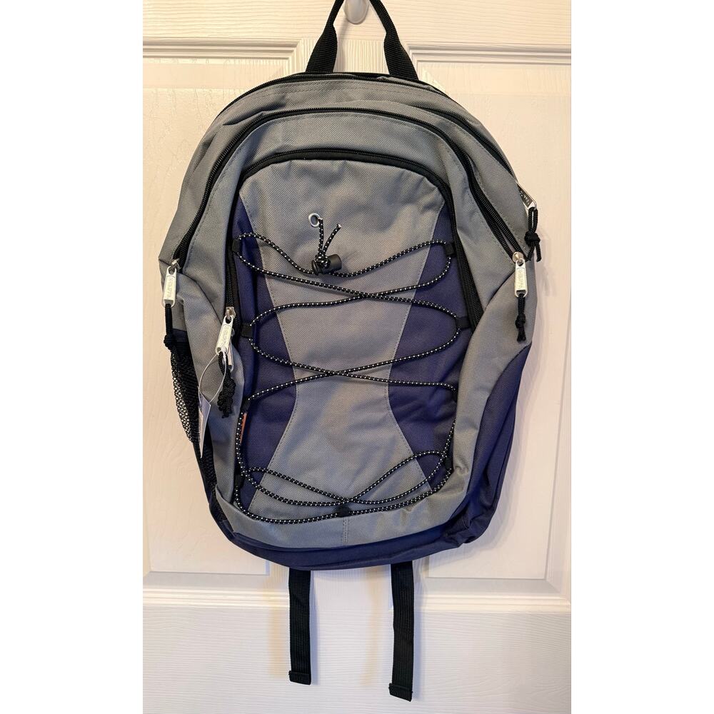 New K-Cliffs 18" bungee cord school backpack in a gray, navy blue color scheme